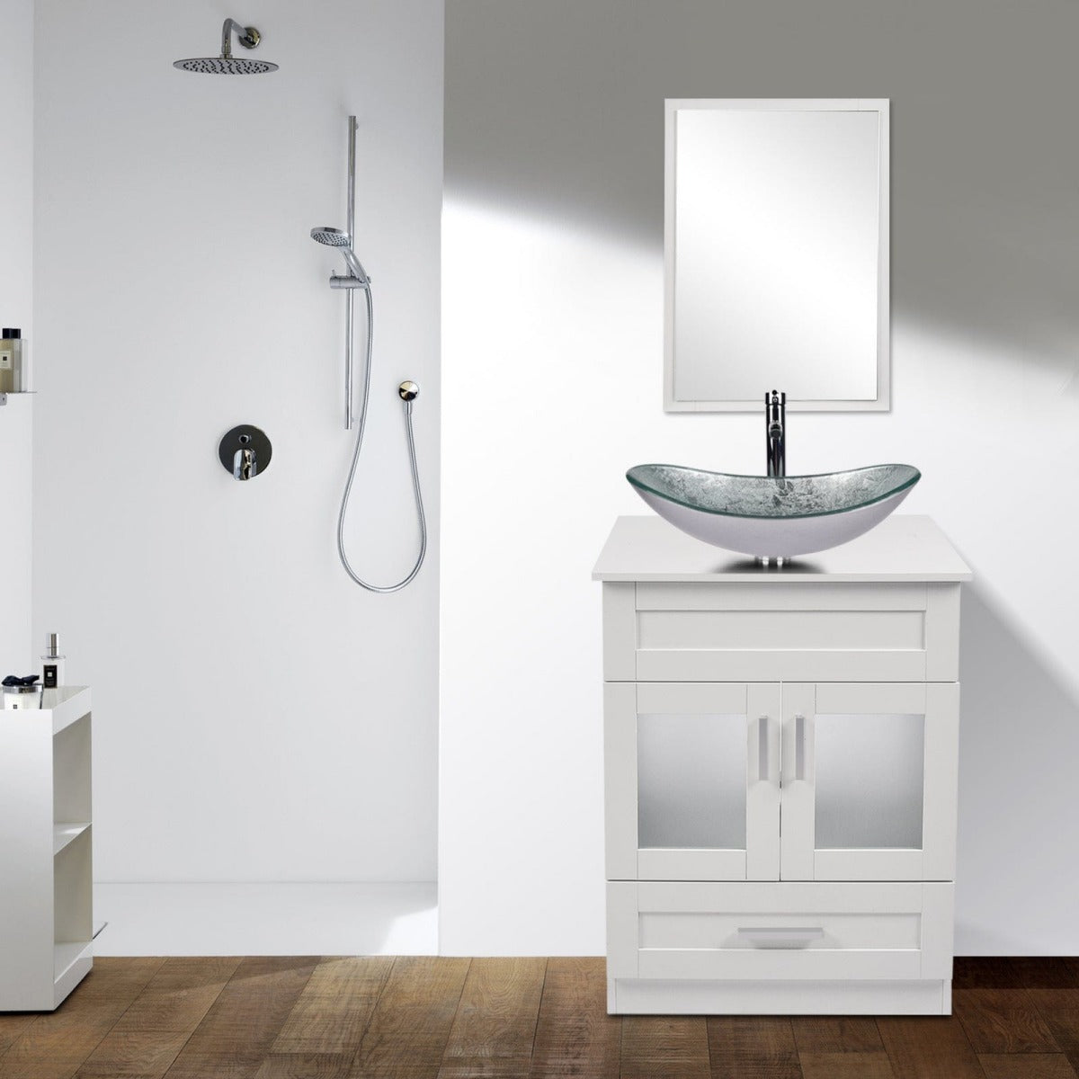 Elecwish White Bathroom Vanity with Silver Boat Sink Set BA1001-WH displays in the bathroom