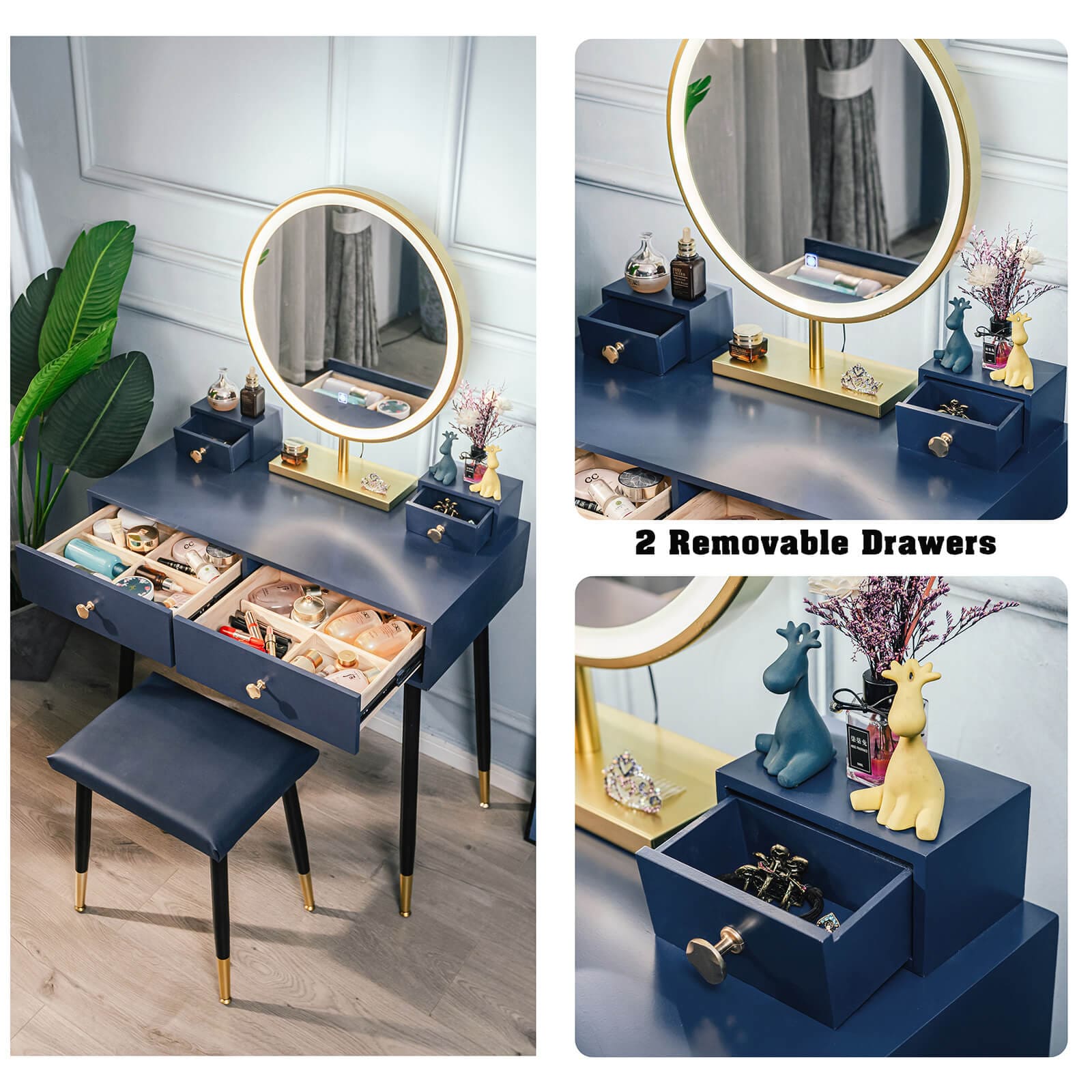 Details display of Elecwish Modern Blue Dressing Table PU Cushion Stool HW1178 2 removable drawers