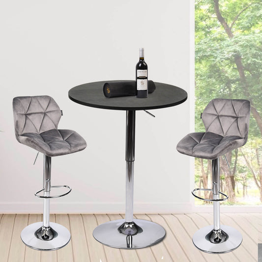 Black bar table with faux leather silver stools scene ow005