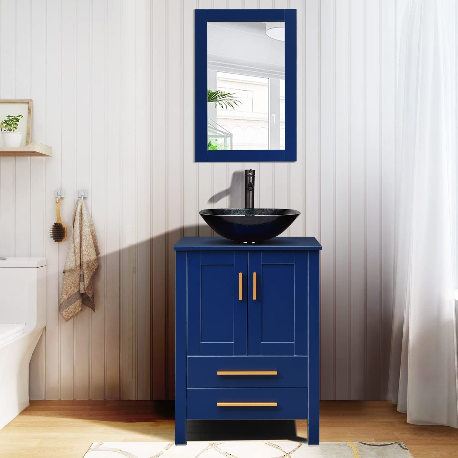 Elecwish 24''bathroom wood vanity with ocean blue glass sink with mirror display scene