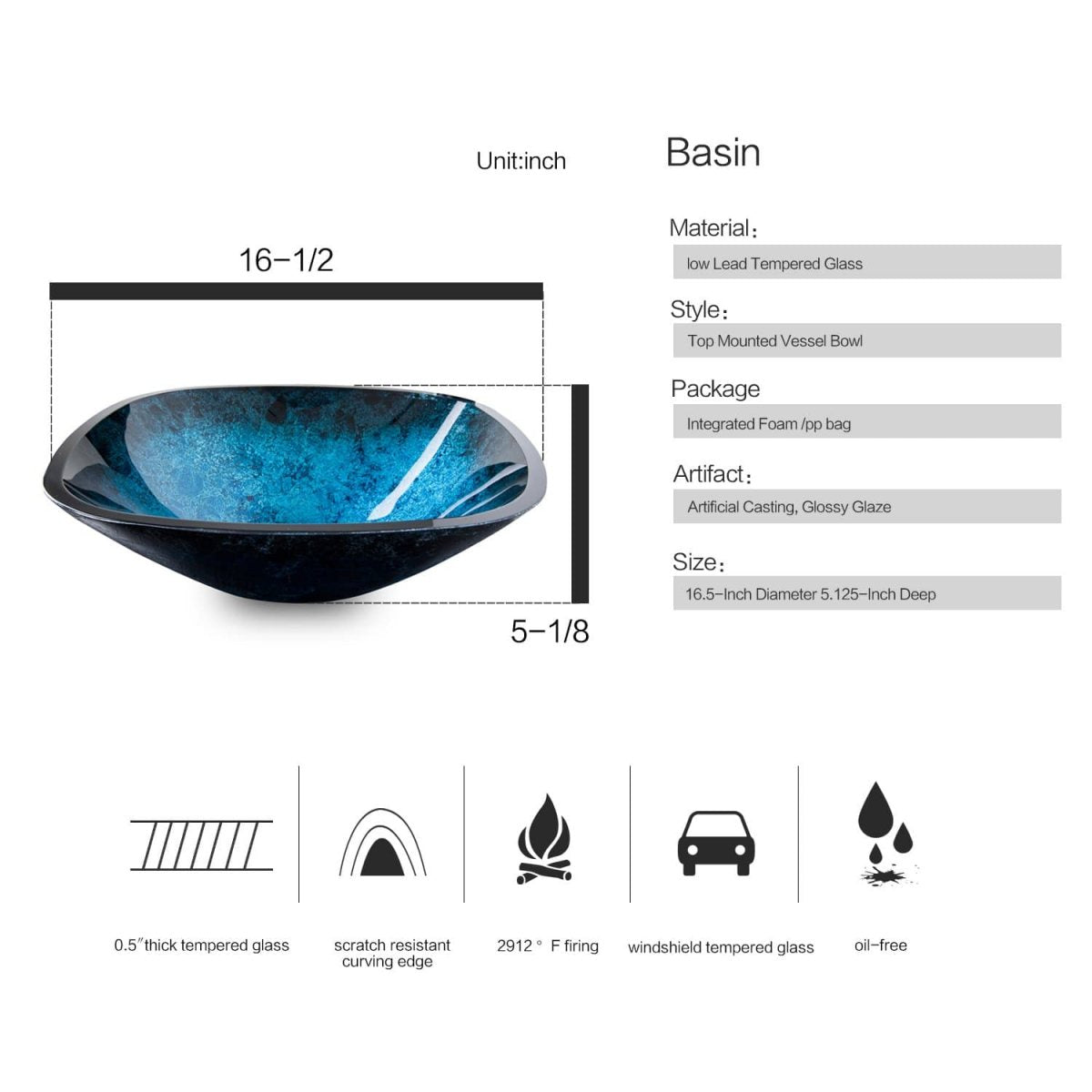 Elecwish Blue Square Sink basin size and description