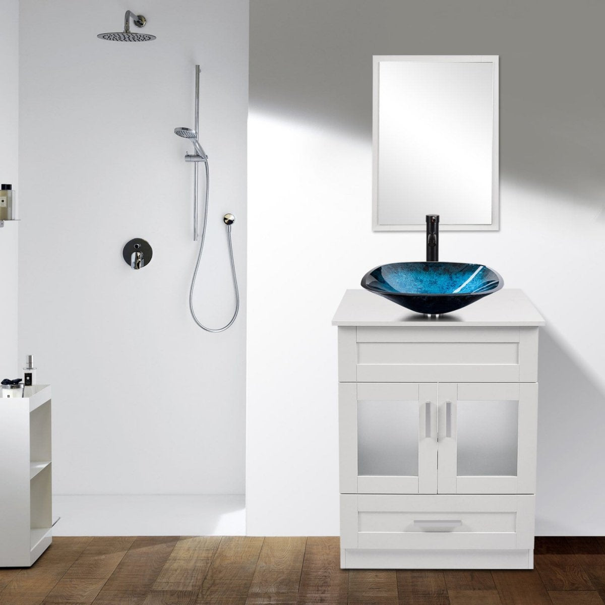 Elecwish White Bathroom Vanity with Blue Square Sink Set BA1001-WH display scene