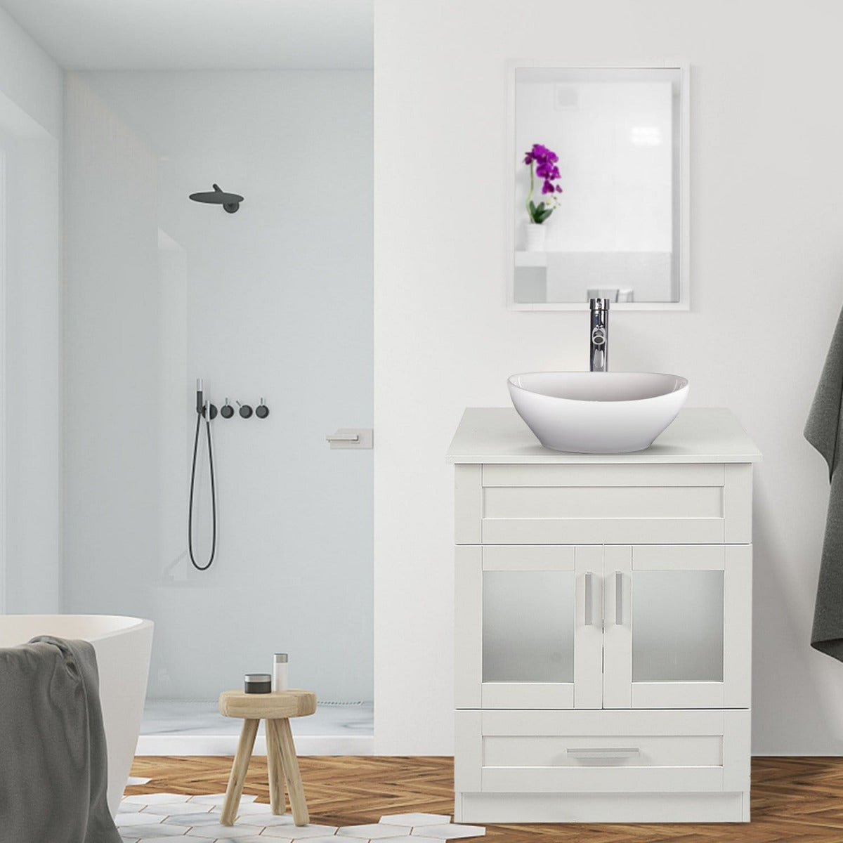 Elecwish White Bathroom Vanity with White Oval Ceramic Sink Set BA1001-WH