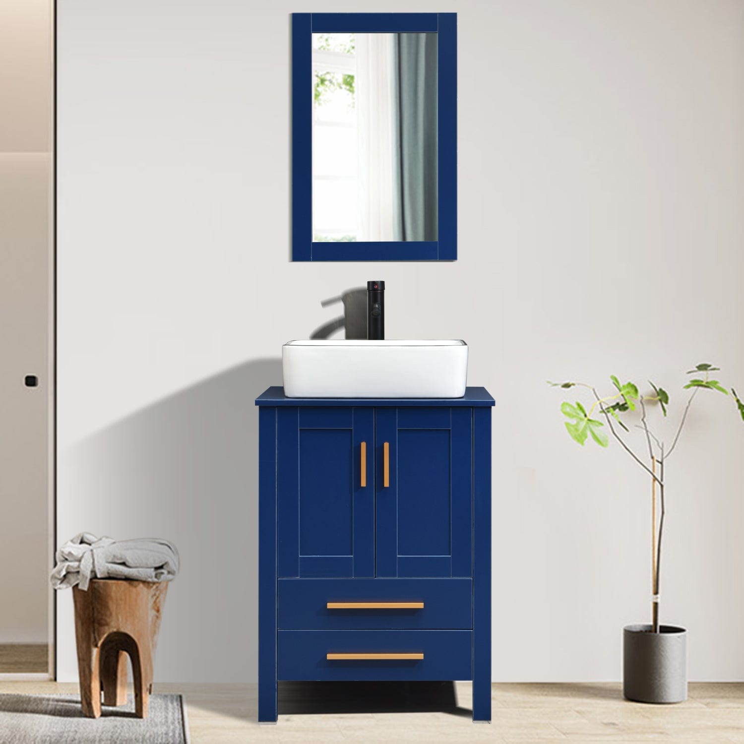 Elecwish 24-Inch bathroom wood vanity with white ceramic sink set stand pedestal cabinet with mirror display scene