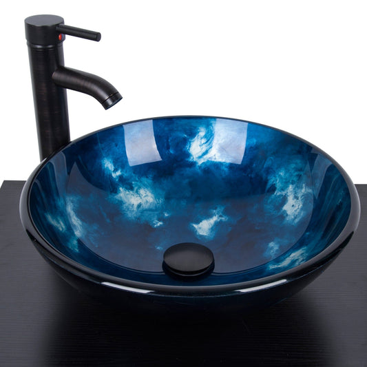 Elecwish Artistic Vessel Sink Bathroom Glass Bowl Faucet Drain Combo,Ocean Blue display scene