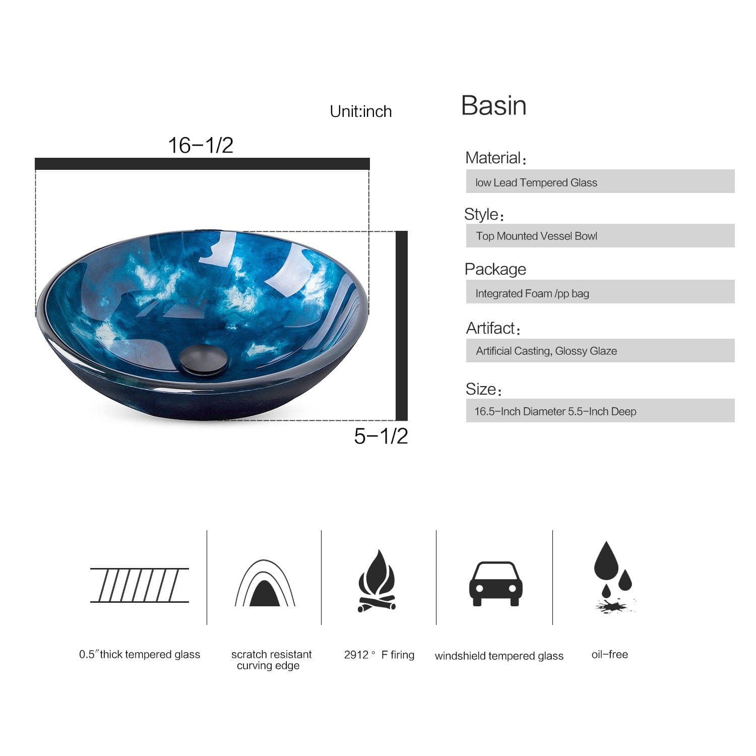 Elecwish Artistic Vessel Sink Bathroom Glass Bowl Faucet Drain Combo,Ocean Blue basin size and features
