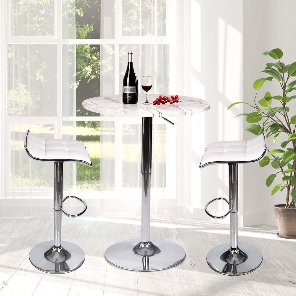 Elecwish Marble White Bar Table with two Grid White Bar Stools Set 3-Piece OW0306