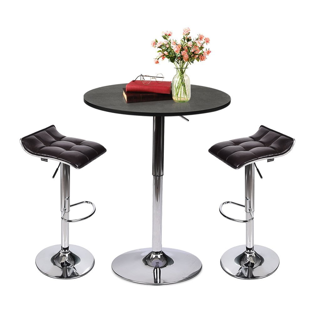 Elecwish Black Bar Table with two Grid Brown Bar Stools Set 3-Piece OW0306