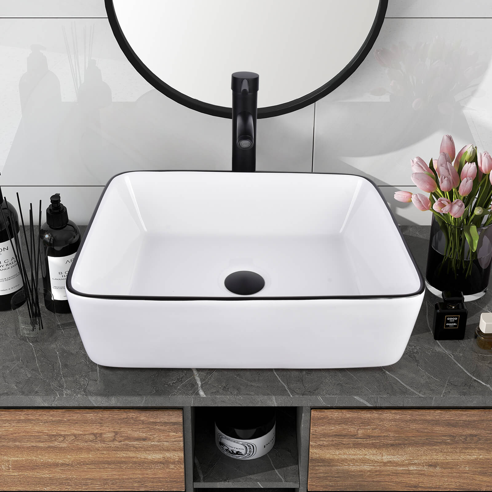 Directly above view of Elecwish rectangular ceramic vessel sink in bathroom