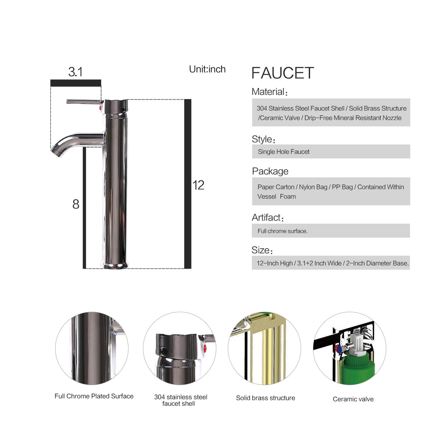 Elecwish sink faucet size and description