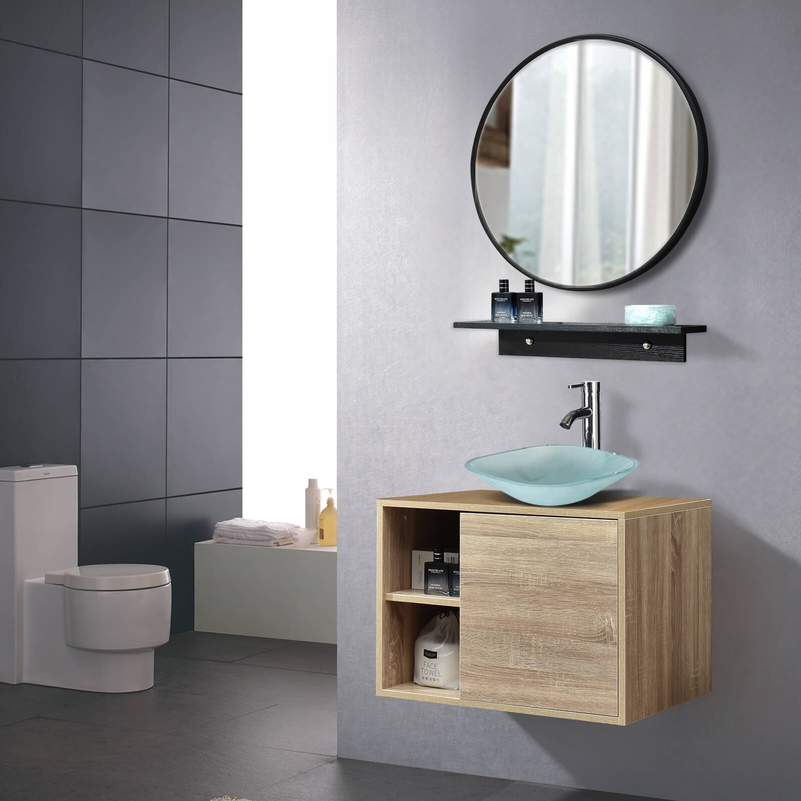 Elecwish Bathroom Vanity Wall Mounted Cabinet Glass Sink Mirror Combo