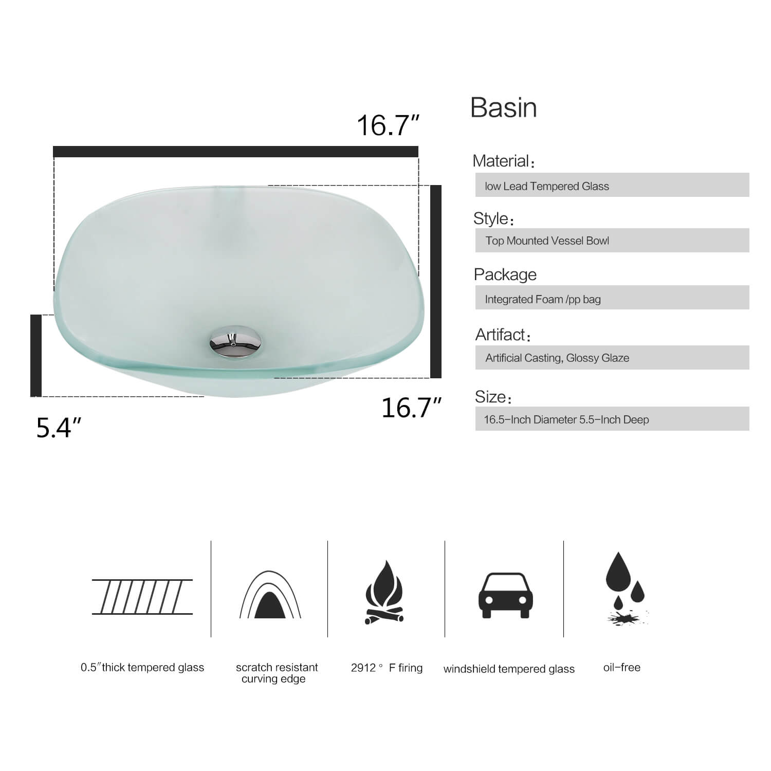 Elecwish Square Frosted Sink basin size and descriptions