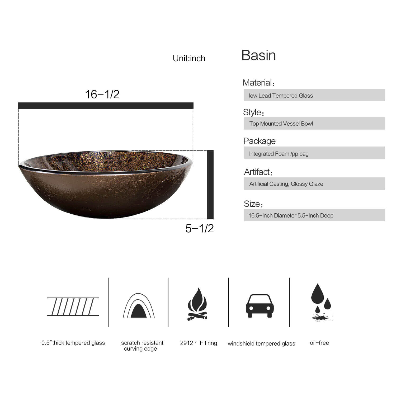 Elecwish brown glass vessel sink BA20062 basin size and features