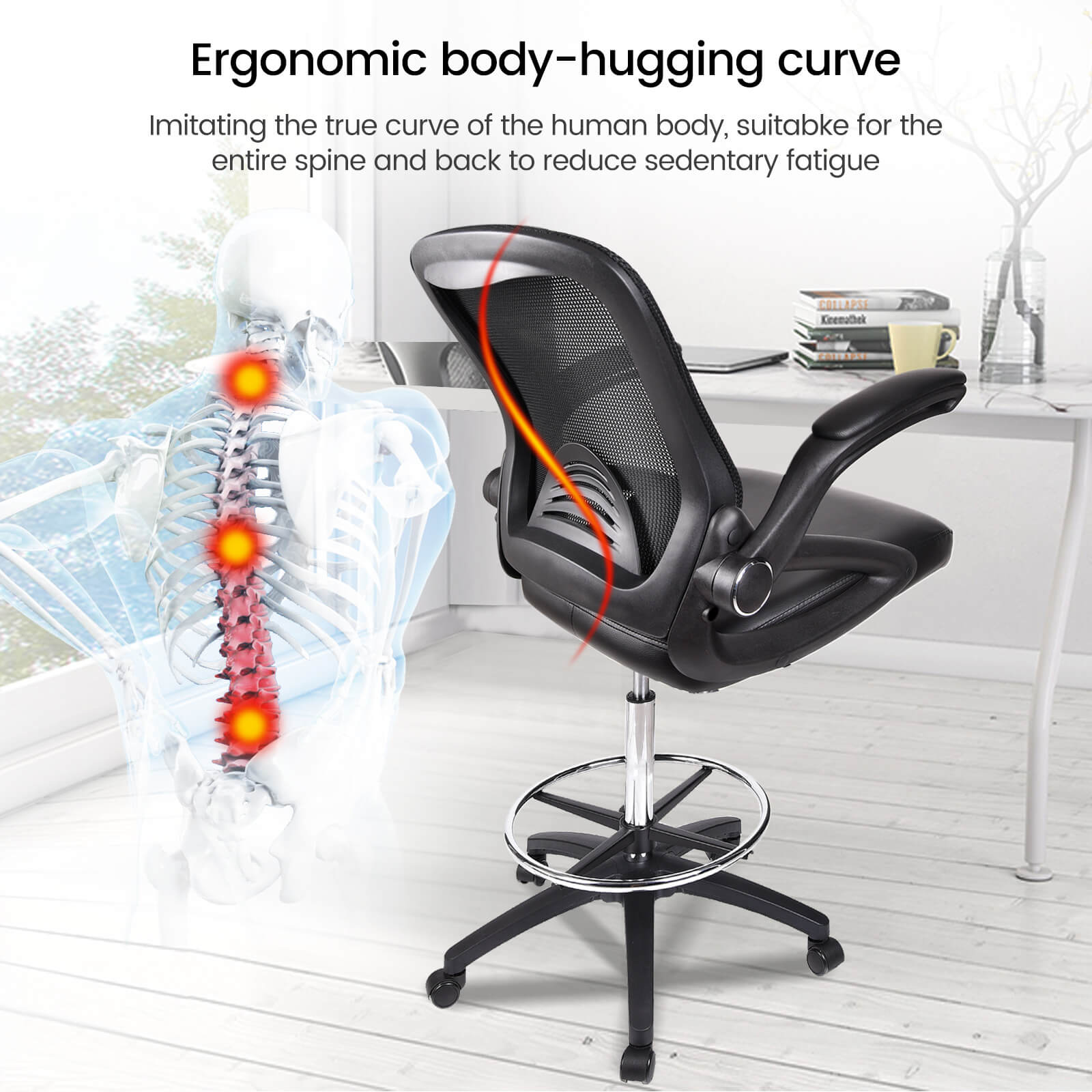 Elecwish black Drafting Chair OC09 has ergonomic body-hugging curve