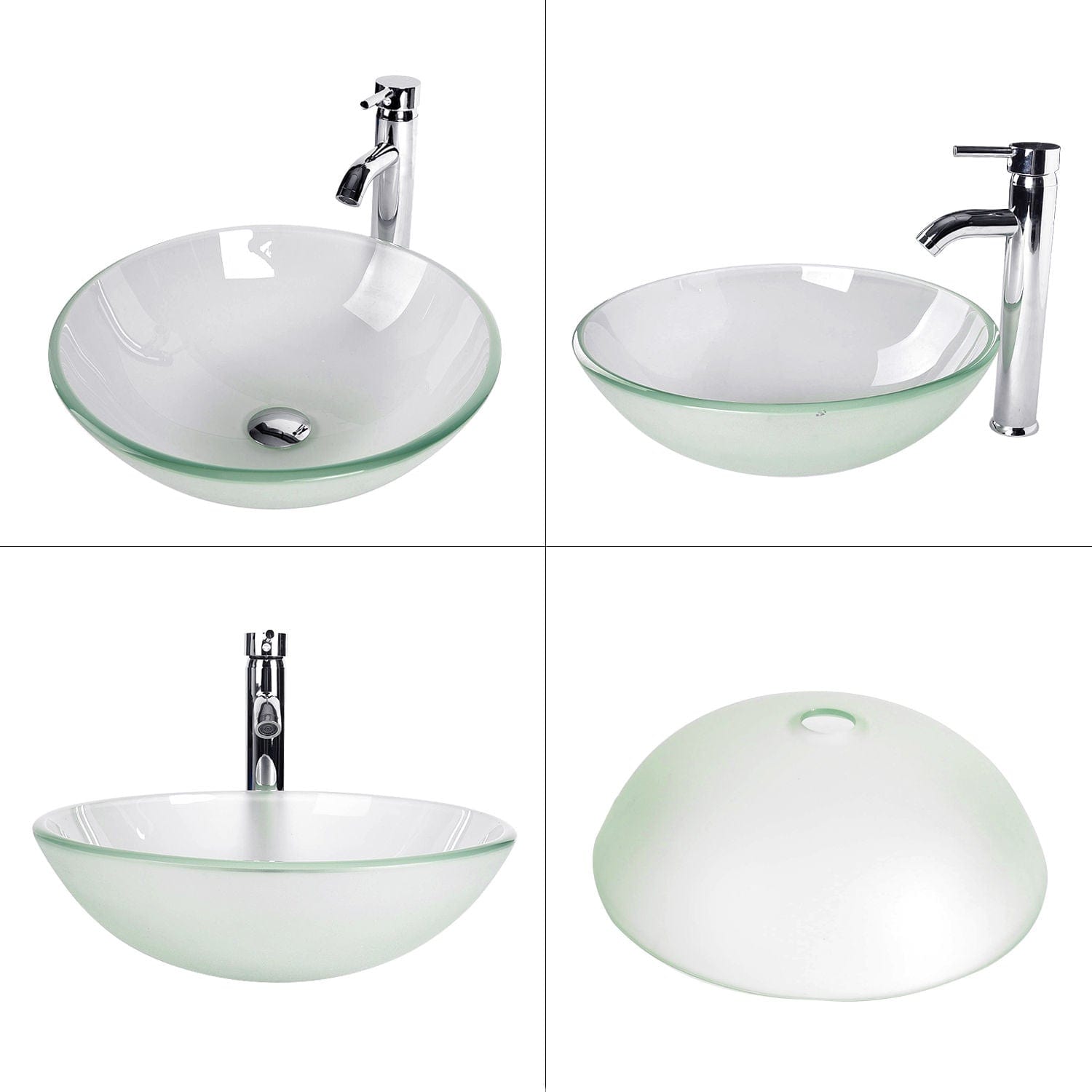 Four different views of Elecwish Glass Vessel Bathroom Sink Round Bowl Faucet Drain Combo
