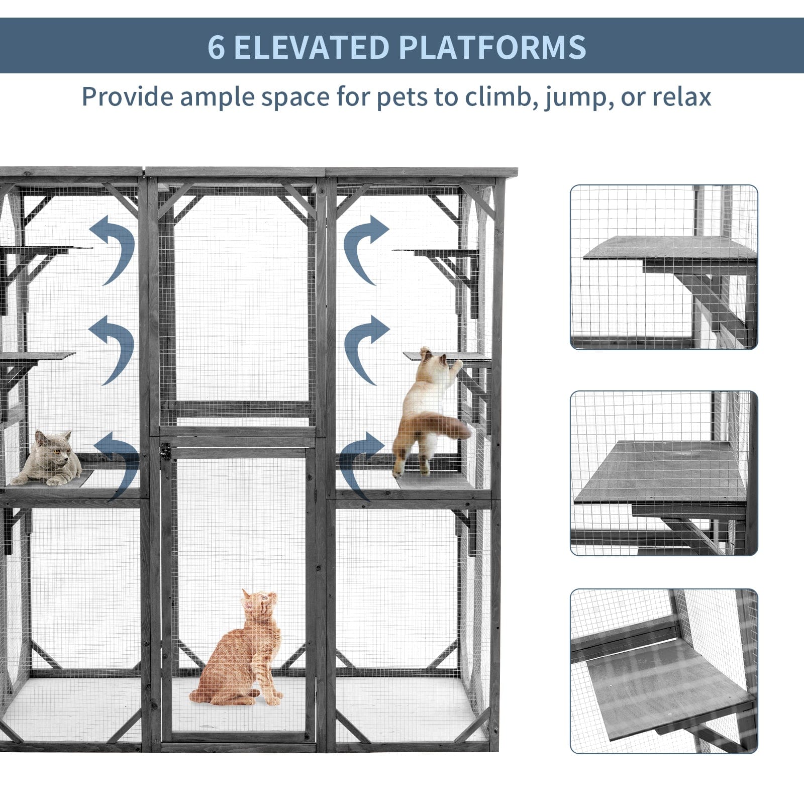 Elecwish Cat House Catio Enclosure with Wire Mesh PE1001GY has 6 elevated platforms