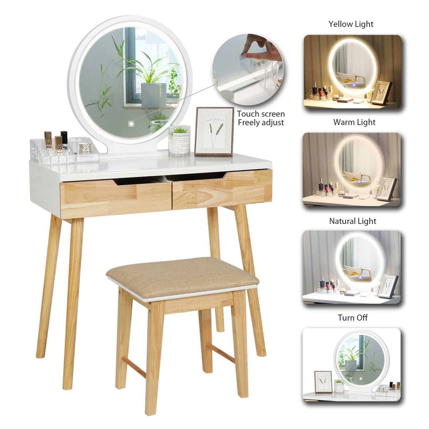 Elecwish Makeup dressing table 3 Lighting Modes Round Mirror Wood Dressing Table 2 Drawers has 3 different brightness