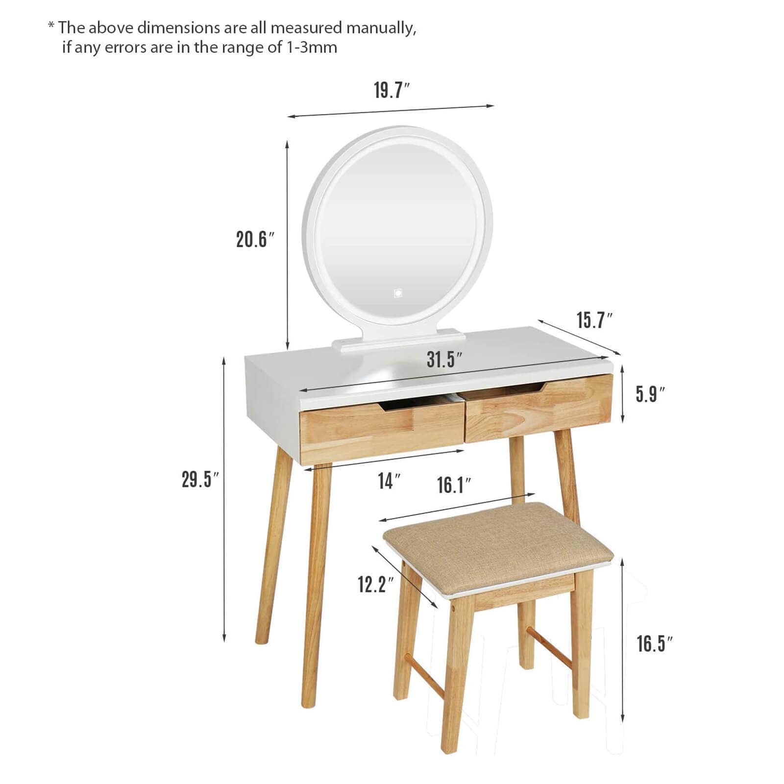 Elecwish Makeup dressing table set with round mirror size
