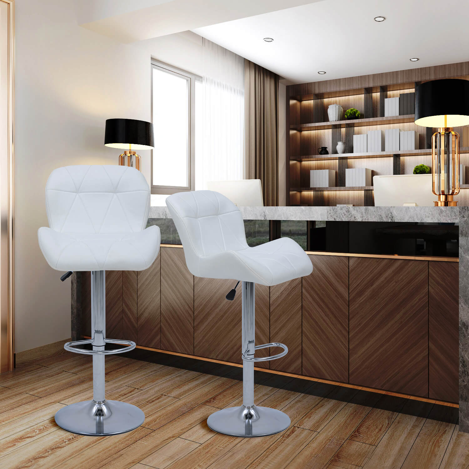 Elecwish Grid White Set of 2 Bar Stools OW010 in kitchen