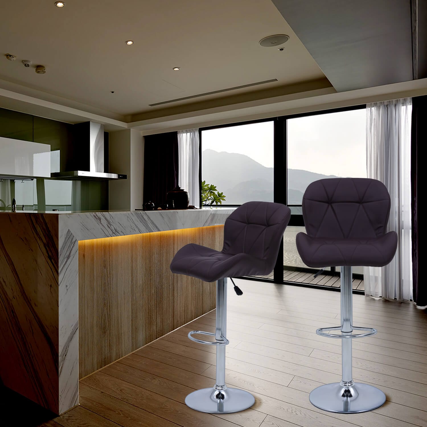 Elecwish Grid Brown Set of 2 Bar Stools OW010 display in the kitchen