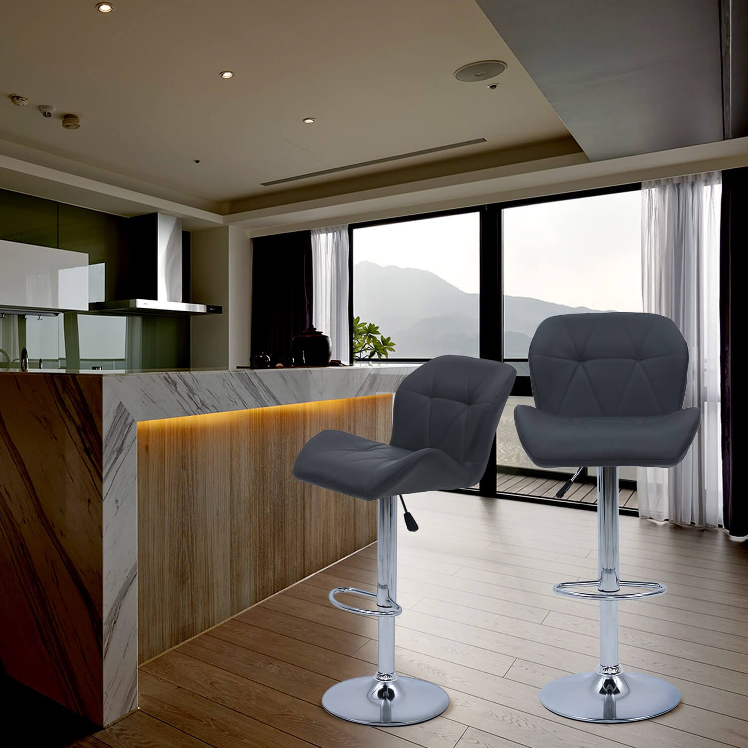 Elecwish Grid Grey Set of 2 Bar Stools OW010 display in the kitchen