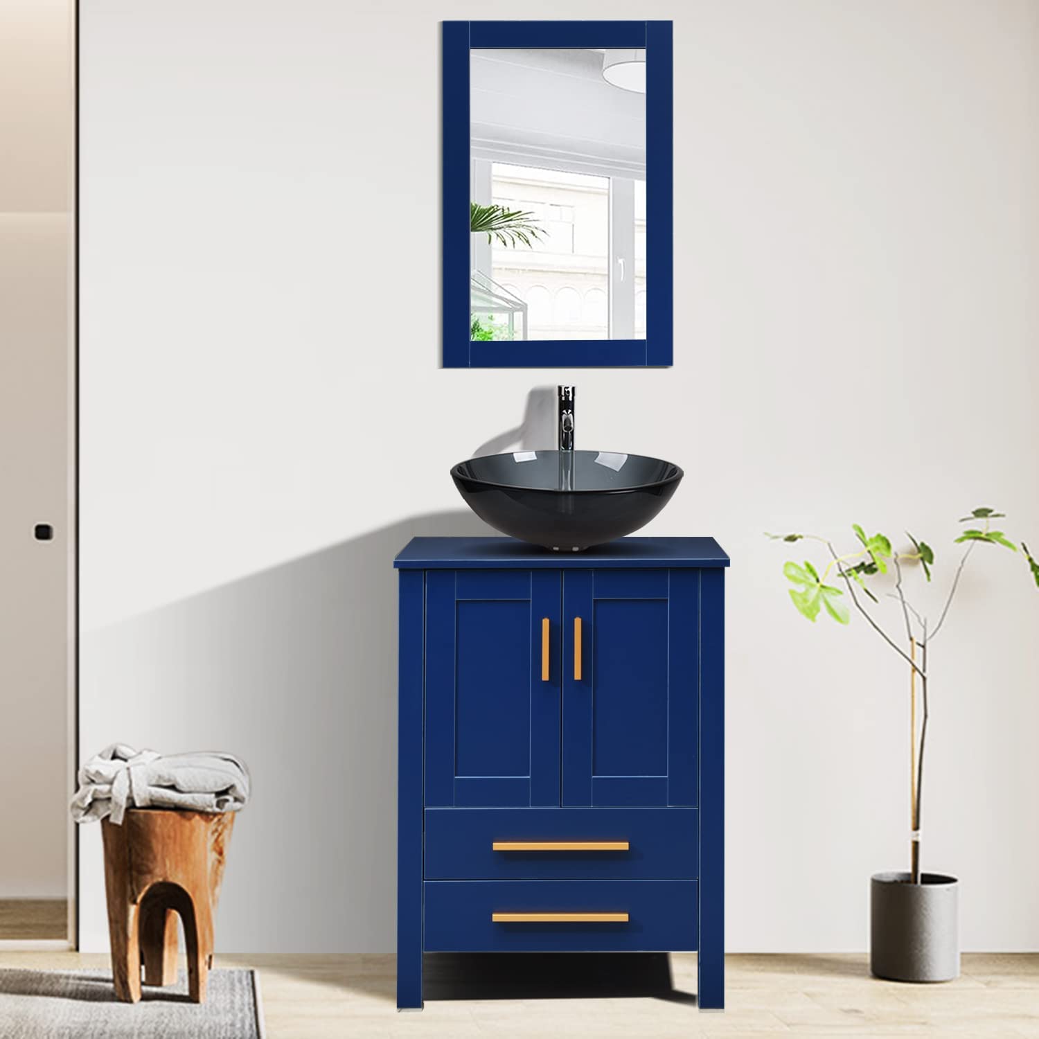 Elecwish vanity with bluish grey glass sink  set stand pedestal cabinet with mirror