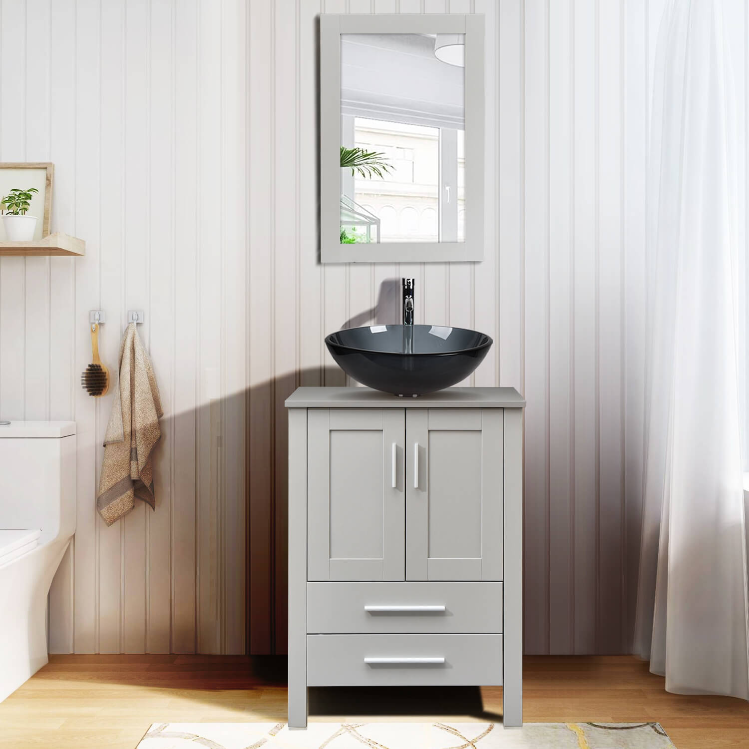 Elecwish gray wood bathroom vanity with bluish grey glass sink BG003 in bathroom