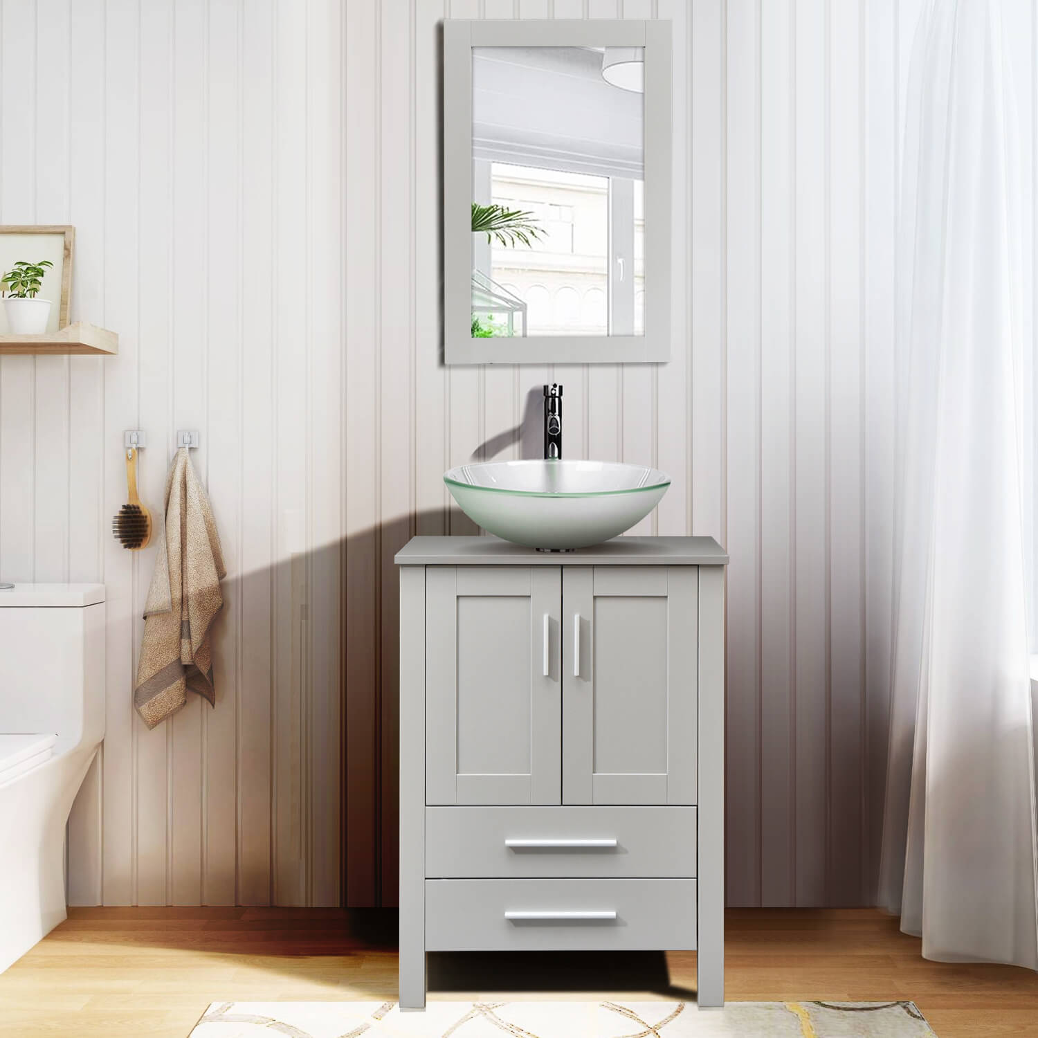 Elecwish gray wood bathroom vanity with frosted glass sink BA20103 in bathroom