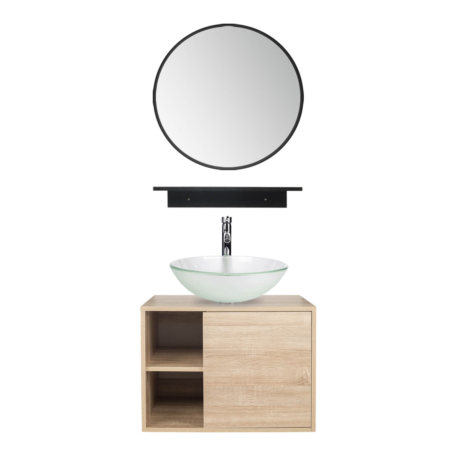 Elecwish Vanity With Round Frosted Sink Bathroom Vanity Wall Mounted Cabinet Glass Sink Mirror Combo