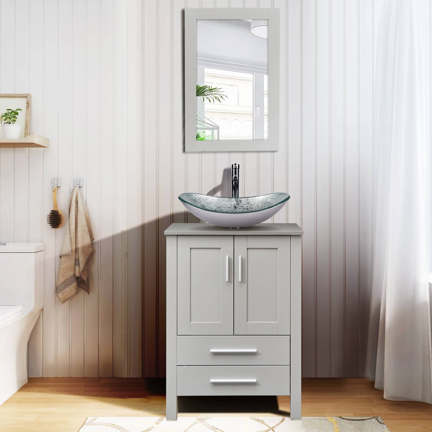 Elecwish gray wood bathroom vanity with silver boat glass sink BG005SI in bathroom