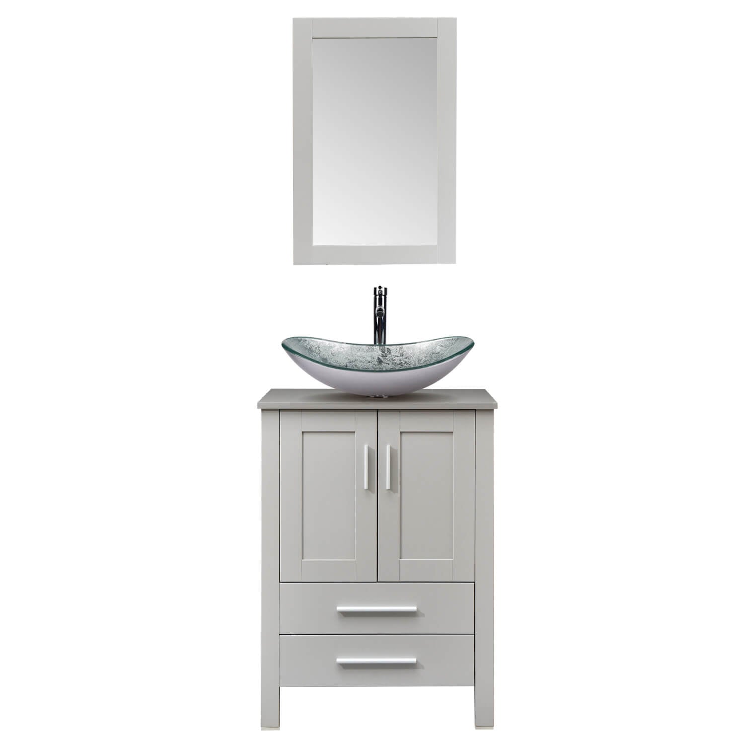 Elecwish gray wood bathroom vanity with silver boat glass sink BG005SI in white background