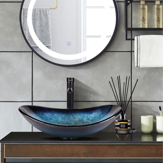 Elecwish Vessel Sinks Bathroom Artistic Glass Vessel Sink with Faucet Drain,Oval Ocean Blue