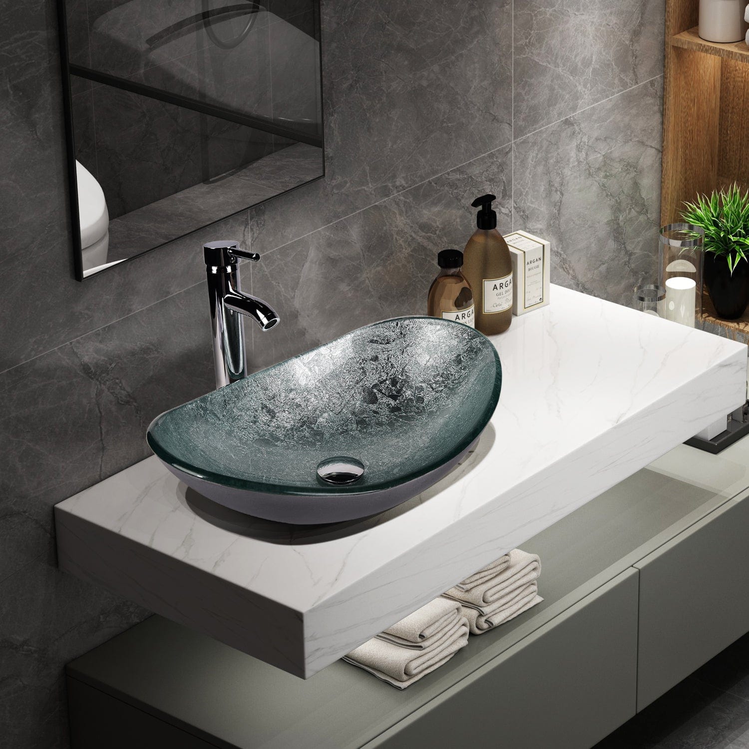 Elecwish Vessel Sinks Bathroom Artistic Glass Vessel Sink with Faucet Drain,Oval Silver displays in the bathroom