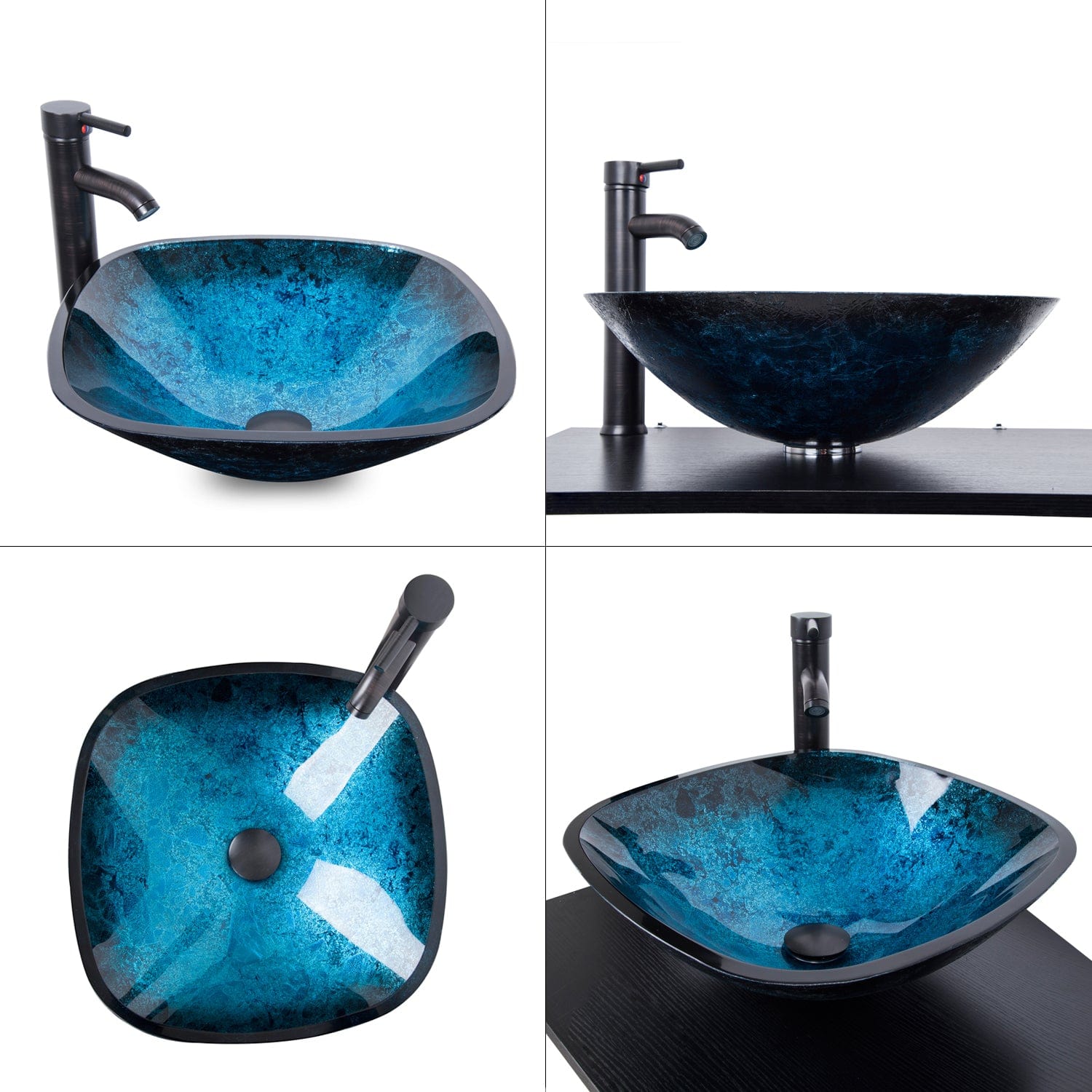 Four angle views of Elecwish Vessel Sinks Bathroom Glass Vessel Sink BA76