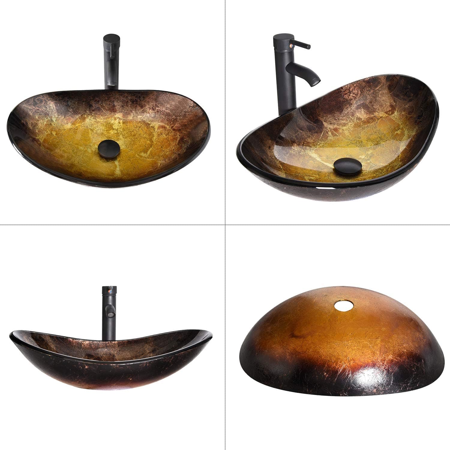 4 angle views of Gold Oval Boat-Shaped Glass Vessel Sink BA20065