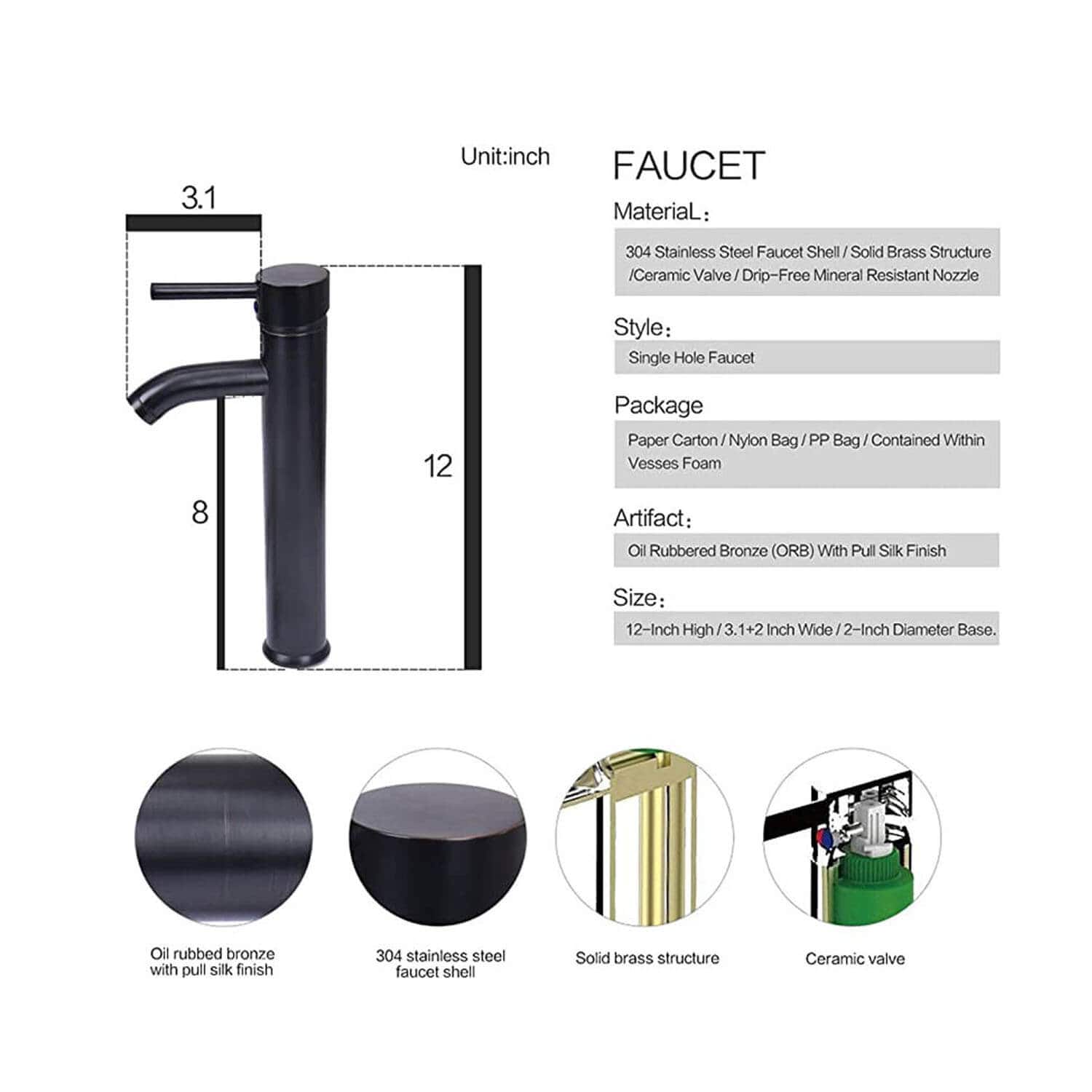 Elecwish Black & White Rectangular Ceramic Vessel Sink HW1124 faucet specification