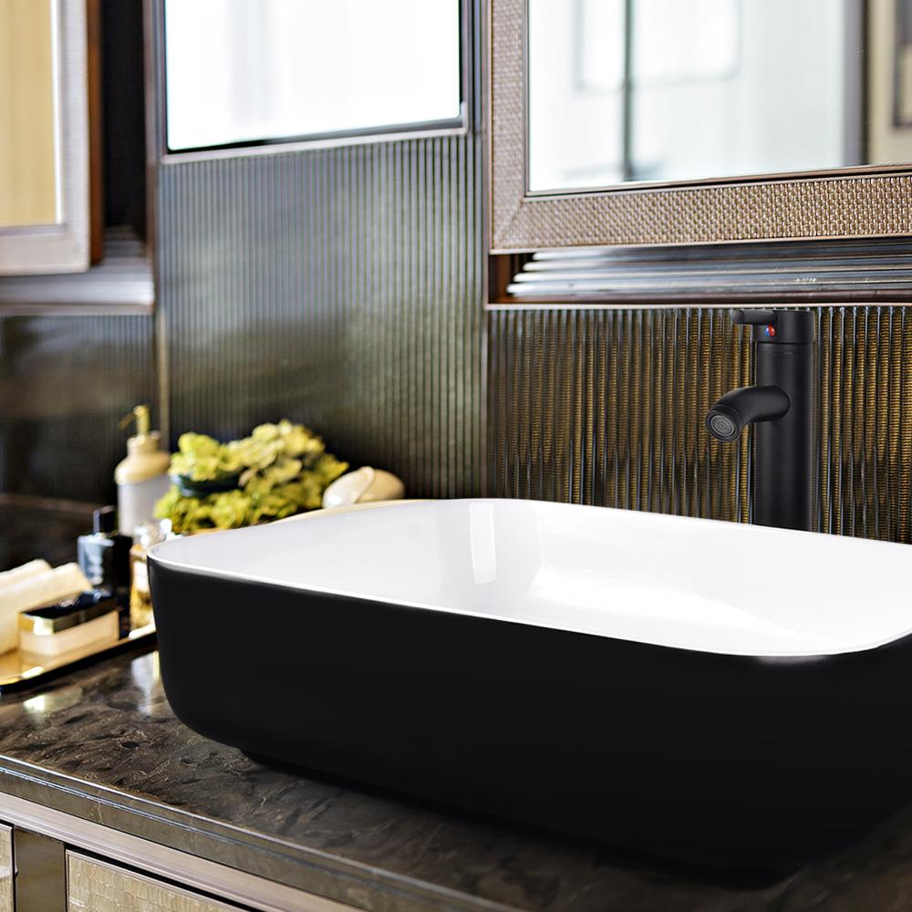 Right angle views of Black & White Rectangular Ceramic Vessel Sink HW1124 in the bathroom