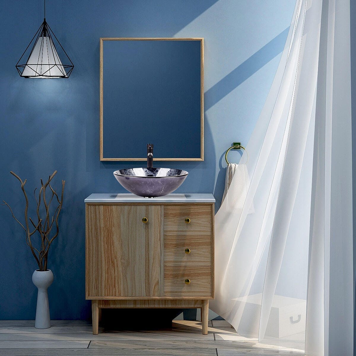 Elecwish Vessel Sinks Glass Bathroom Vessel Sink 16.5" BG1002 with vanity display scene