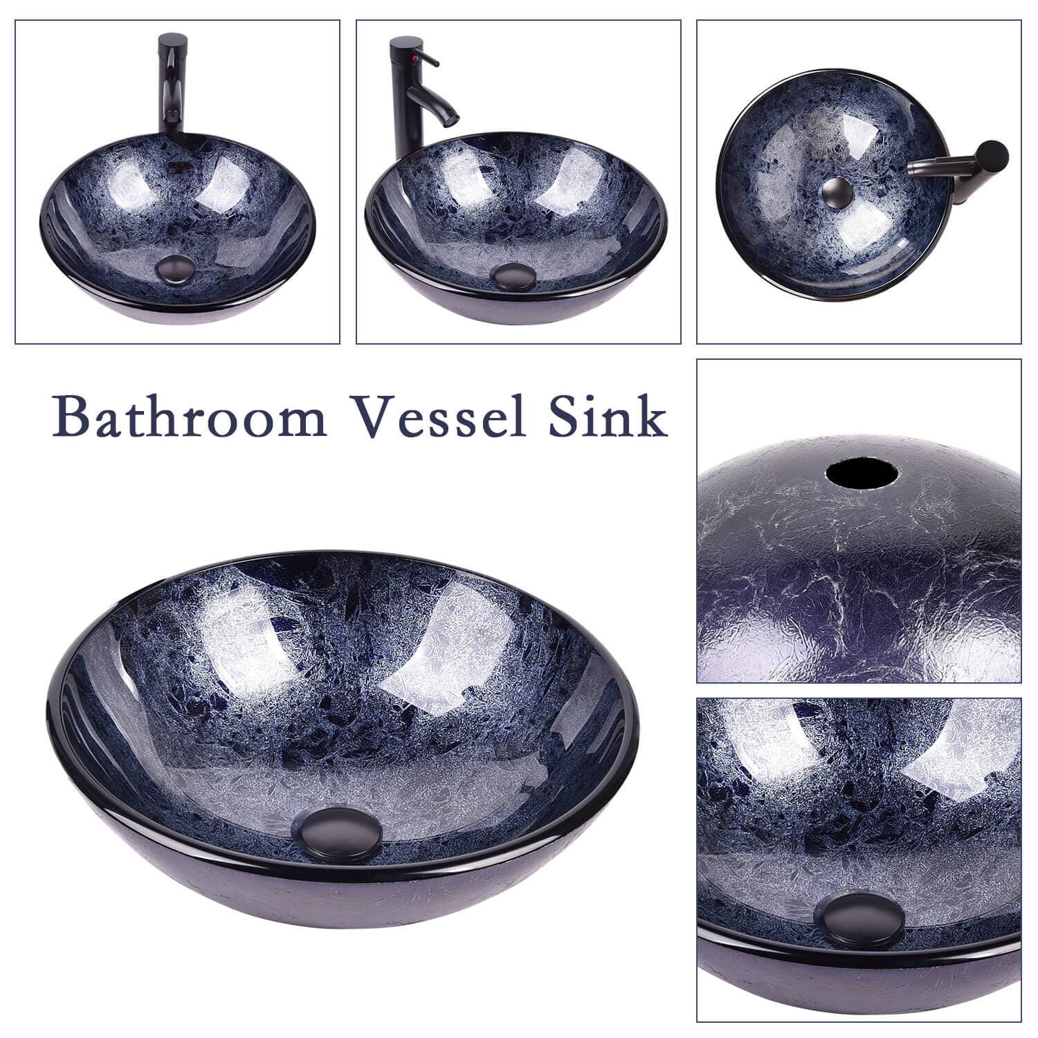 Different angle views of Elecwish Vessel Sinks Glass Bathroom Vessel Sink 16.5" BG1002