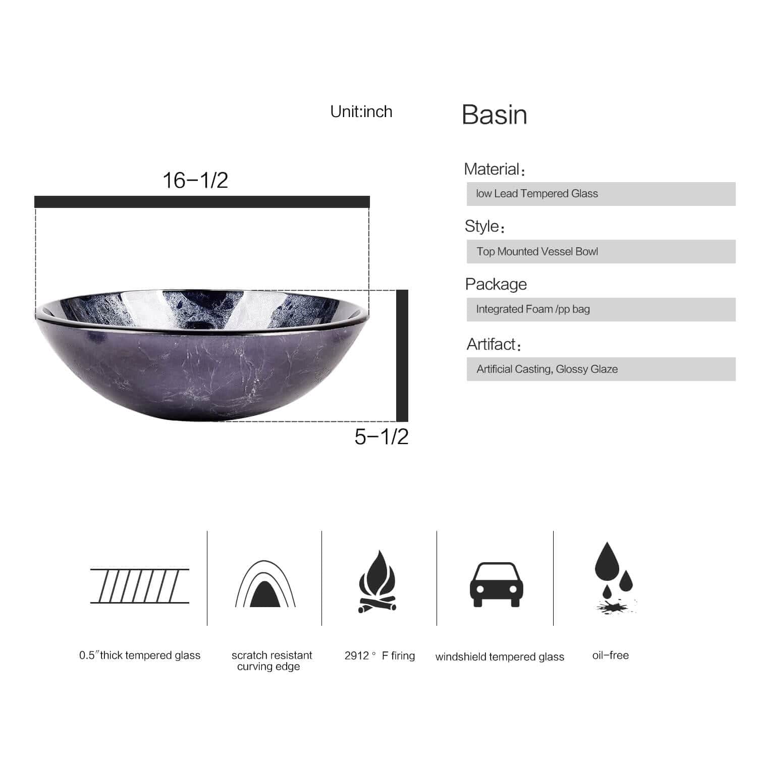 Elecwish Vessel Sinks Glass Bathroom Vessel Sink 16.5" BG1002 basin size and specification