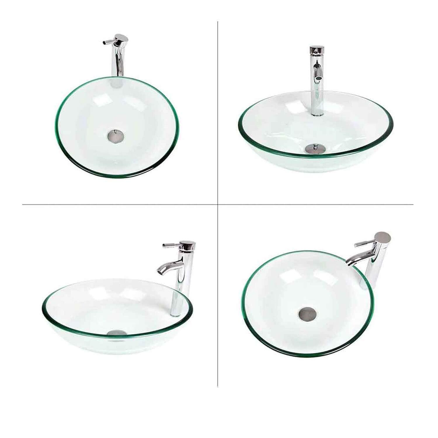 Four angles of Elecwish Glass Vessel Sink with Faucet Combo