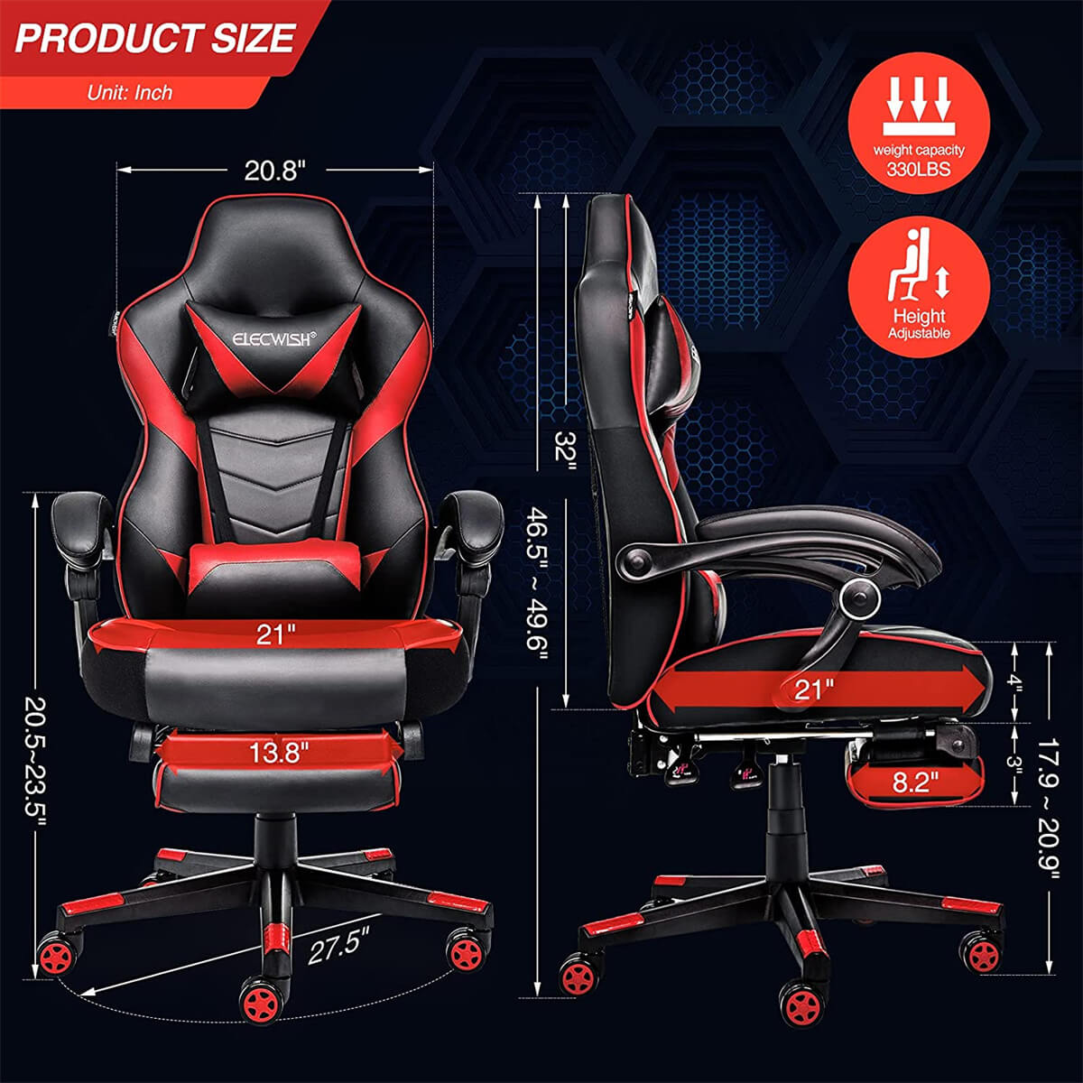 Elecwish Video Game Chairs Red Gaming Chair With Footrest OC087 size