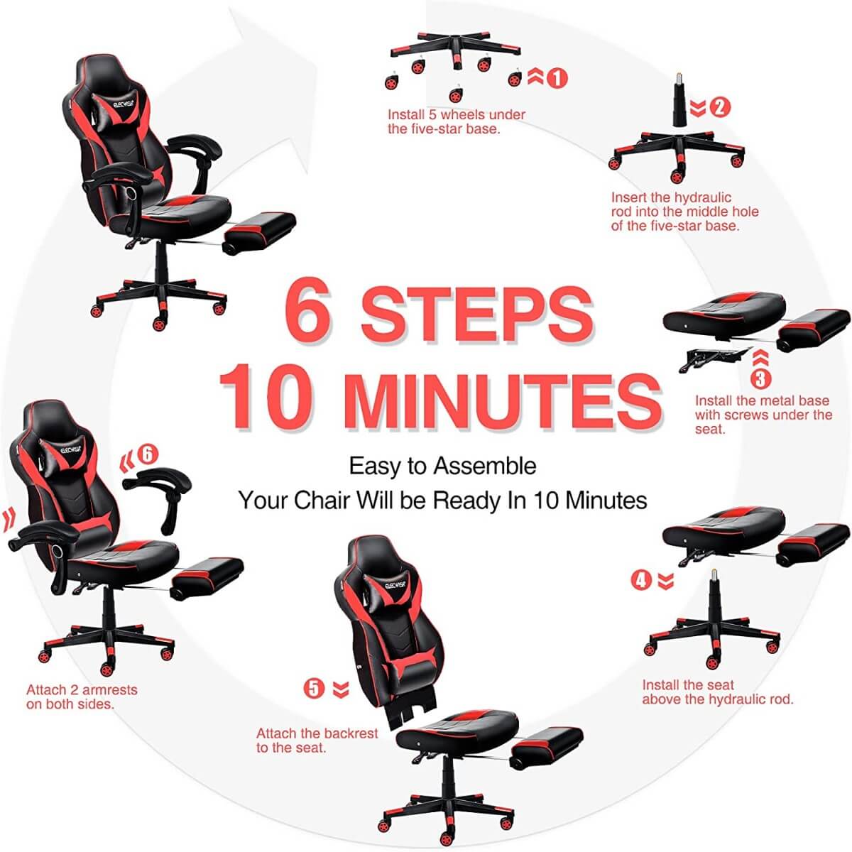 Elecwish Video Game Chairs Gaming Chair With Footrest OC087 is easy to assemble
