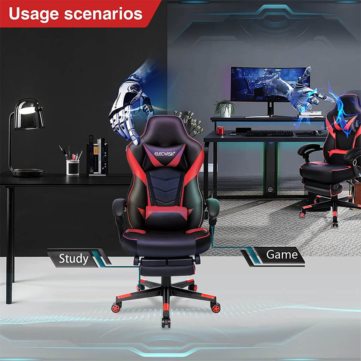 Elecwish Video Game Chairs Red Gaming Chair With Footrest OC087 displays situation