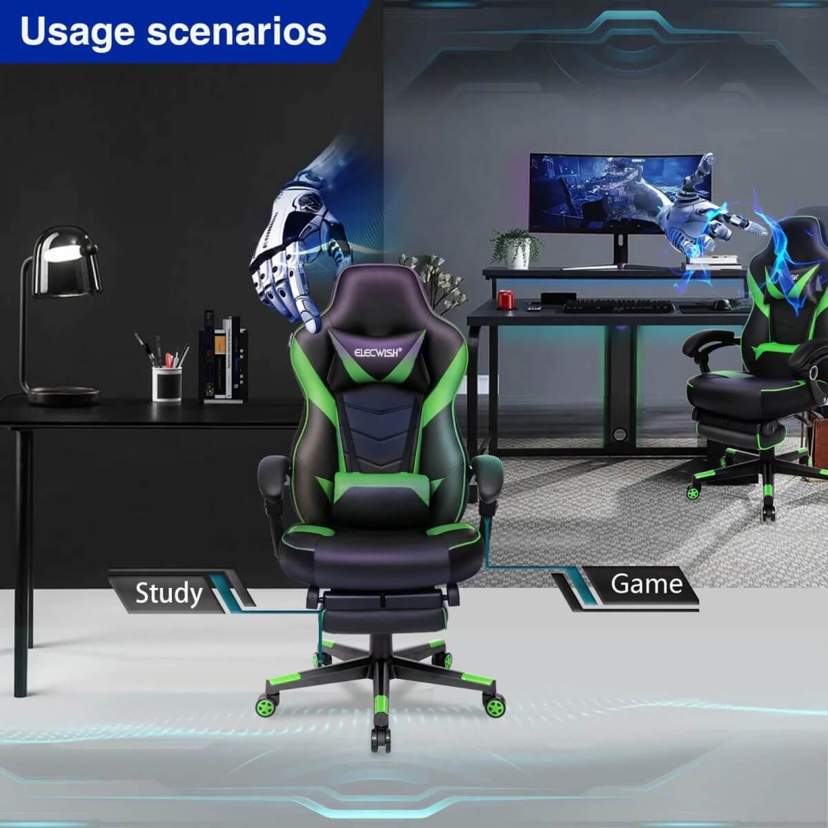 Usage scenarios of Elecwish Video Game Chairs Green Gaming Chair With Footrest OC087