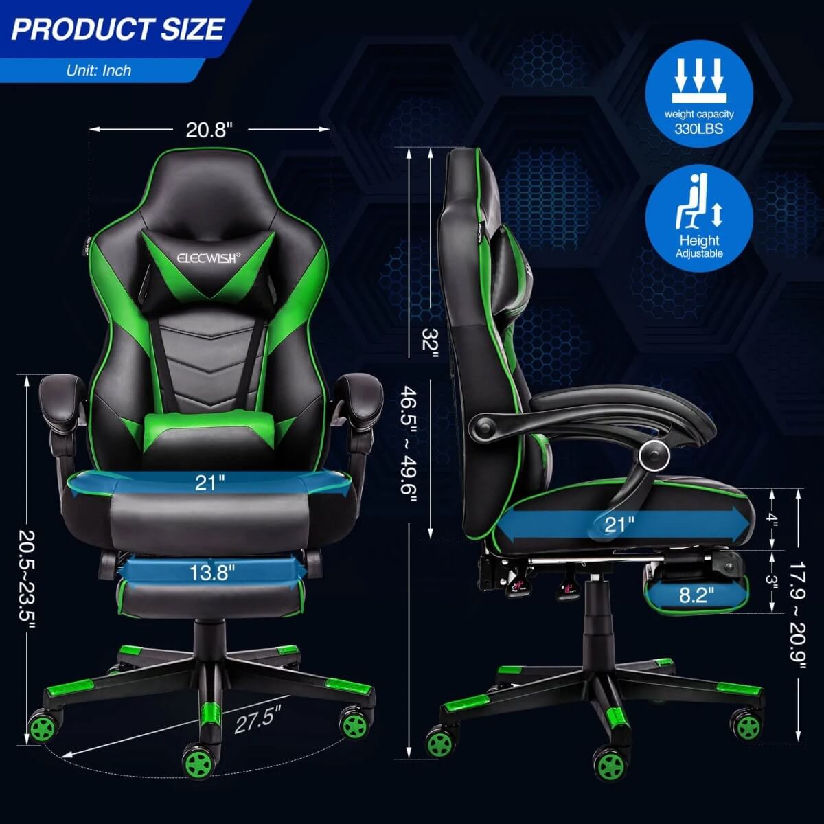Elecwish Video Game Chairs Green Gaming Chair With Footrest OC087 size