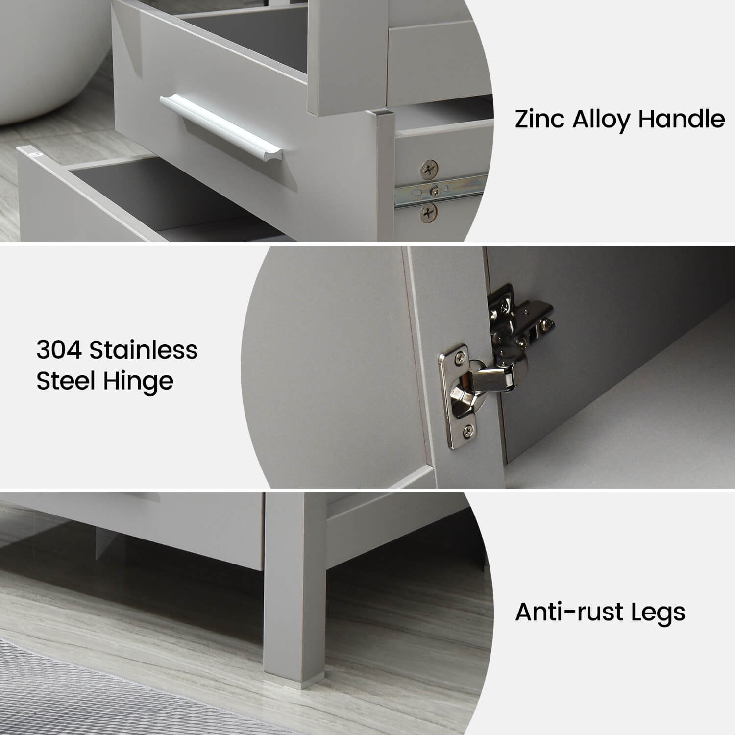 Three features of Gray Wood Bathroom Cabinet Combo Set BV1010-GY