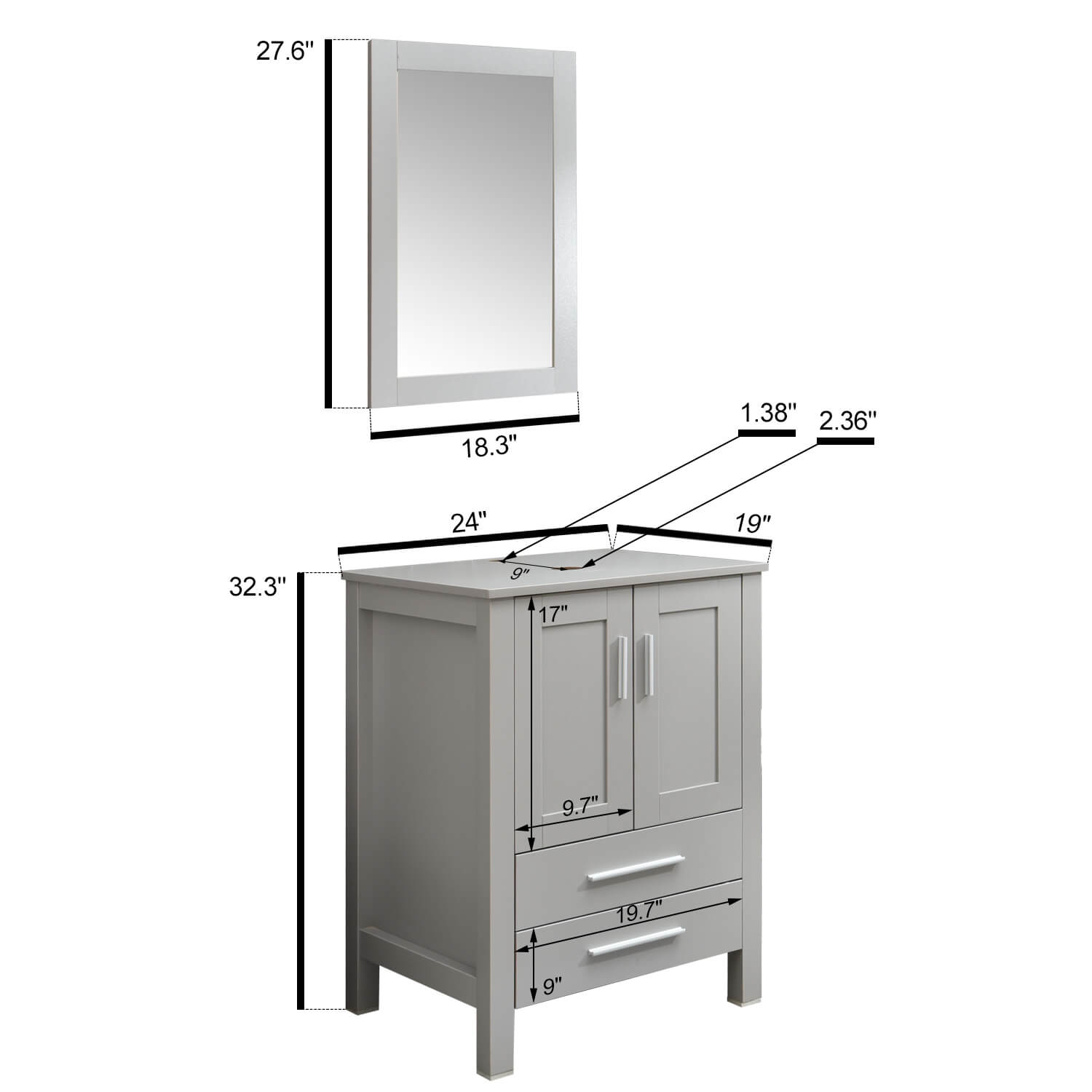 Gray Wood Bathroom Cabinet Combo Set with mirror BV1010-GY size