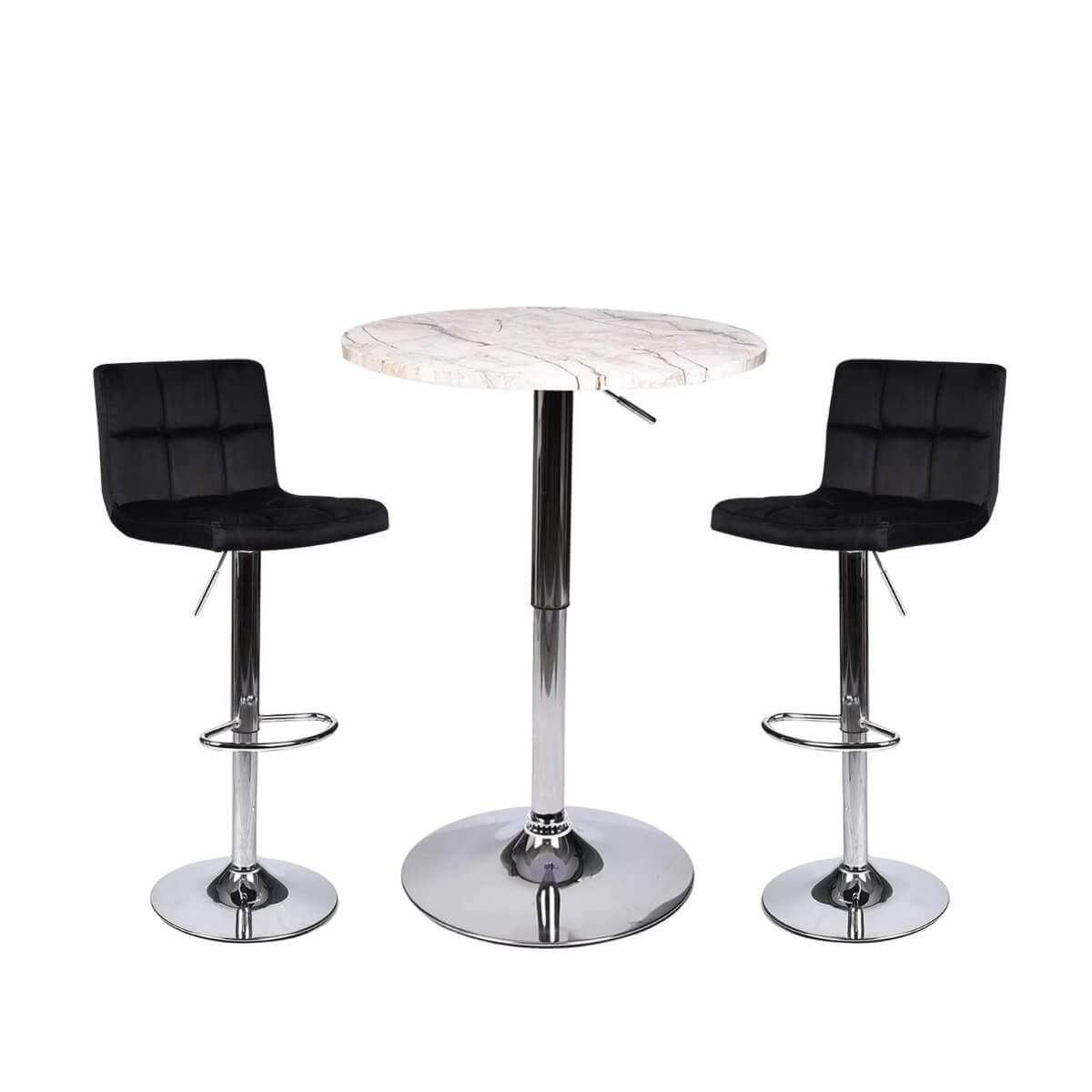 Elecwish Marble White Bar Table with 2 Black Contemporary Chrome Air Lift Barstool Flannel Padded Adjustable Swivel Stools