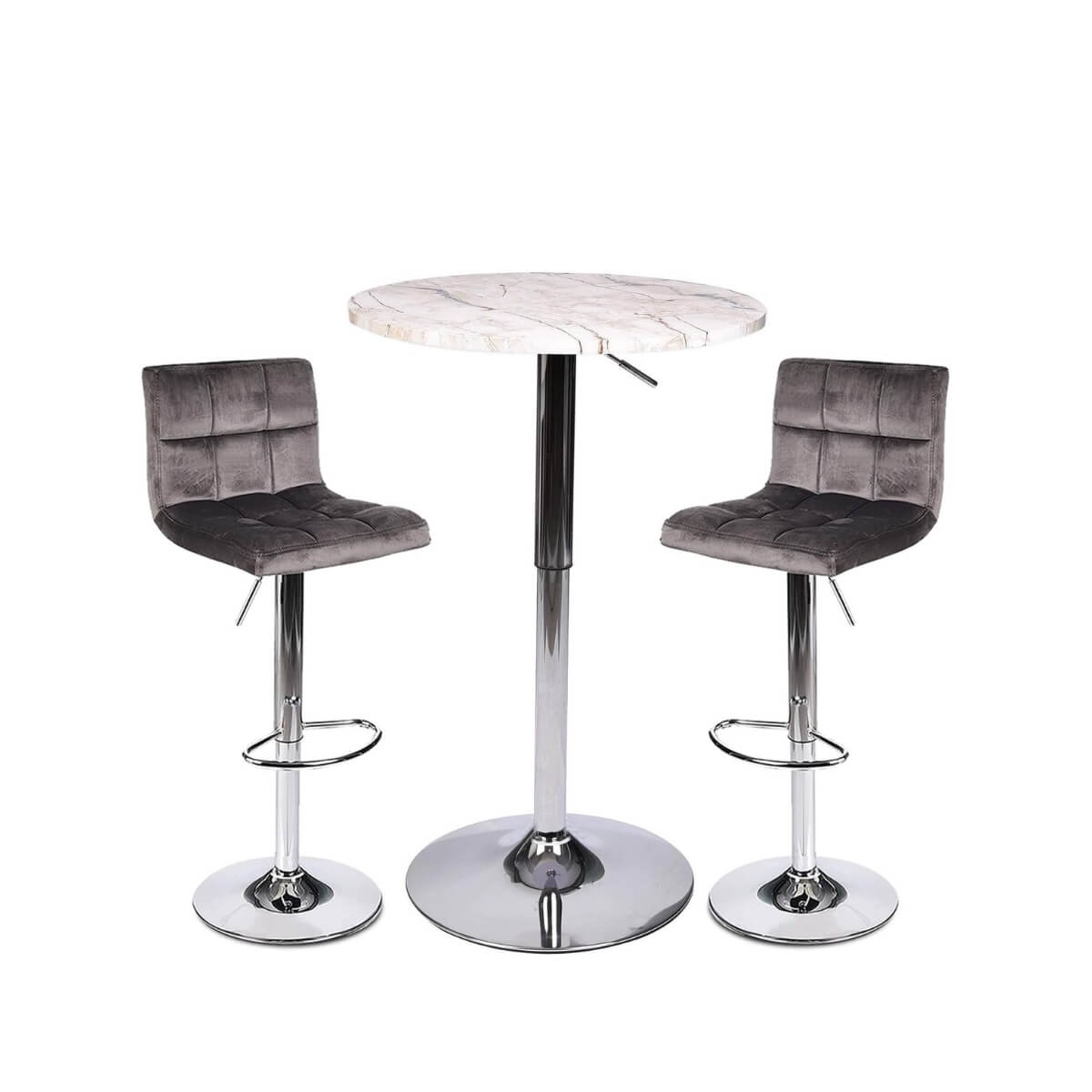 Elecwish Marble White Bar Table with 2 Grey Contemporary Chrome Air Lift Barstool Flannel Padded Adjustable Swivel Stools